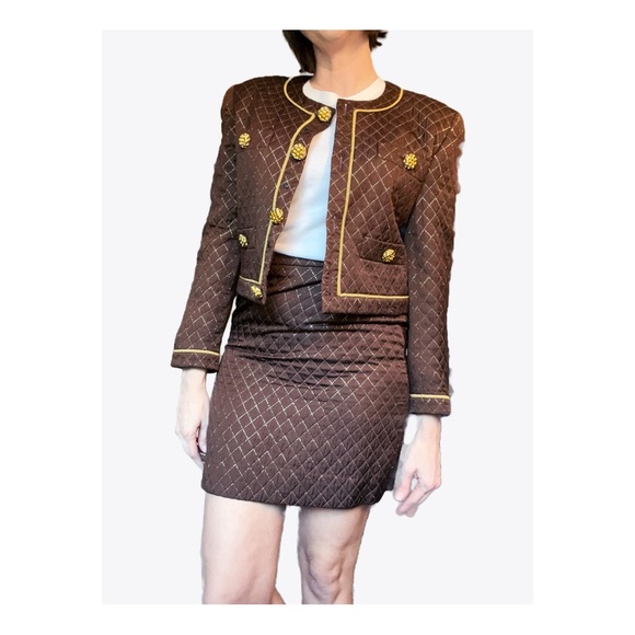 Escada Vintage 2 Piece Quilted Skirt and Lady Jacket Silk Set Brown Gold XS - Picture 1 of 15